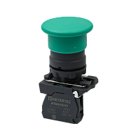 Кнопка грибовидная зеленая, 40 мм, пружинный возврат, 1NO, IP65, пластик