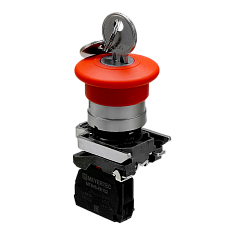 Кнопка грибовидная аварийной остановки с ключом, красная, 40 мм, возврат поворотом с фиксацией, 1NC, IP65, металл