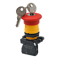 Кнопка грибовидная аварийной остановки с ключом, красная, 40 мм, возврат поворотом с фиксацией, 1NC, IP65, пластик