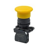 Кнопка грибовидная желтая, 40 мм, пружиный возврат, 1NO, IP65, пластик