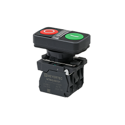 Кнопка двойная плоская с подсветкой, красная/зеленая, маркировка "I+O", 1NO+1NC, 220V AC/DC, IP65, пластик